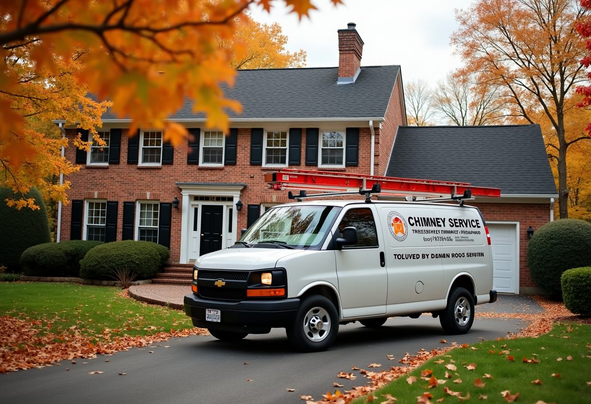 Chimney service van in a colonial home driveway — Arlington